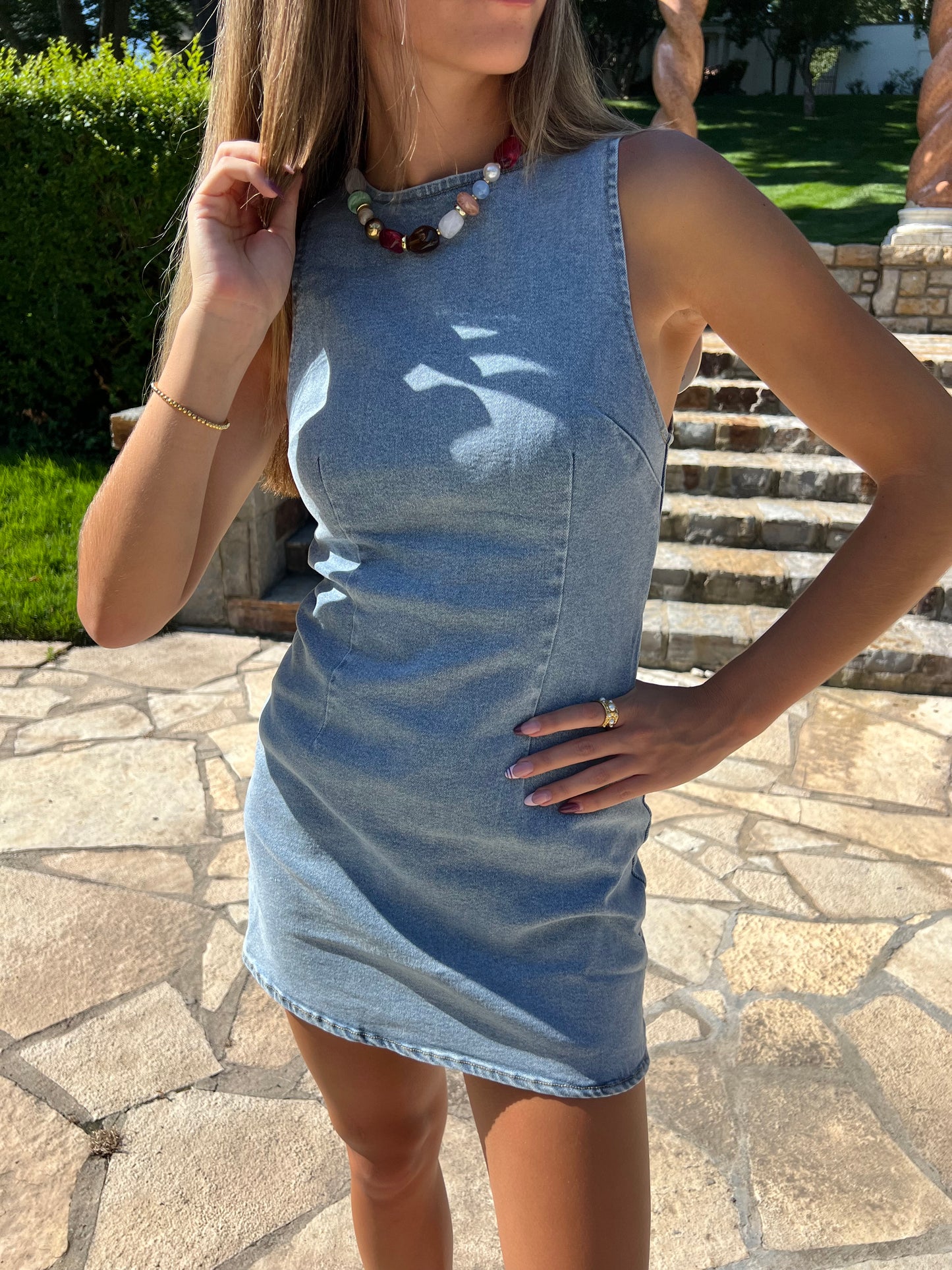 High Neck Denim Mini Dress