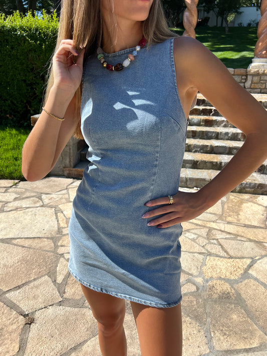 High Neck Denim Mini Dress