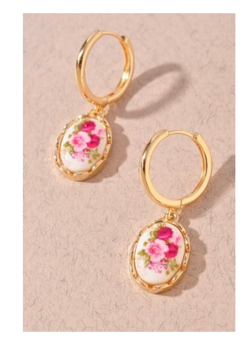 Floral Ceramic Pattern Oval Huggie Earrings